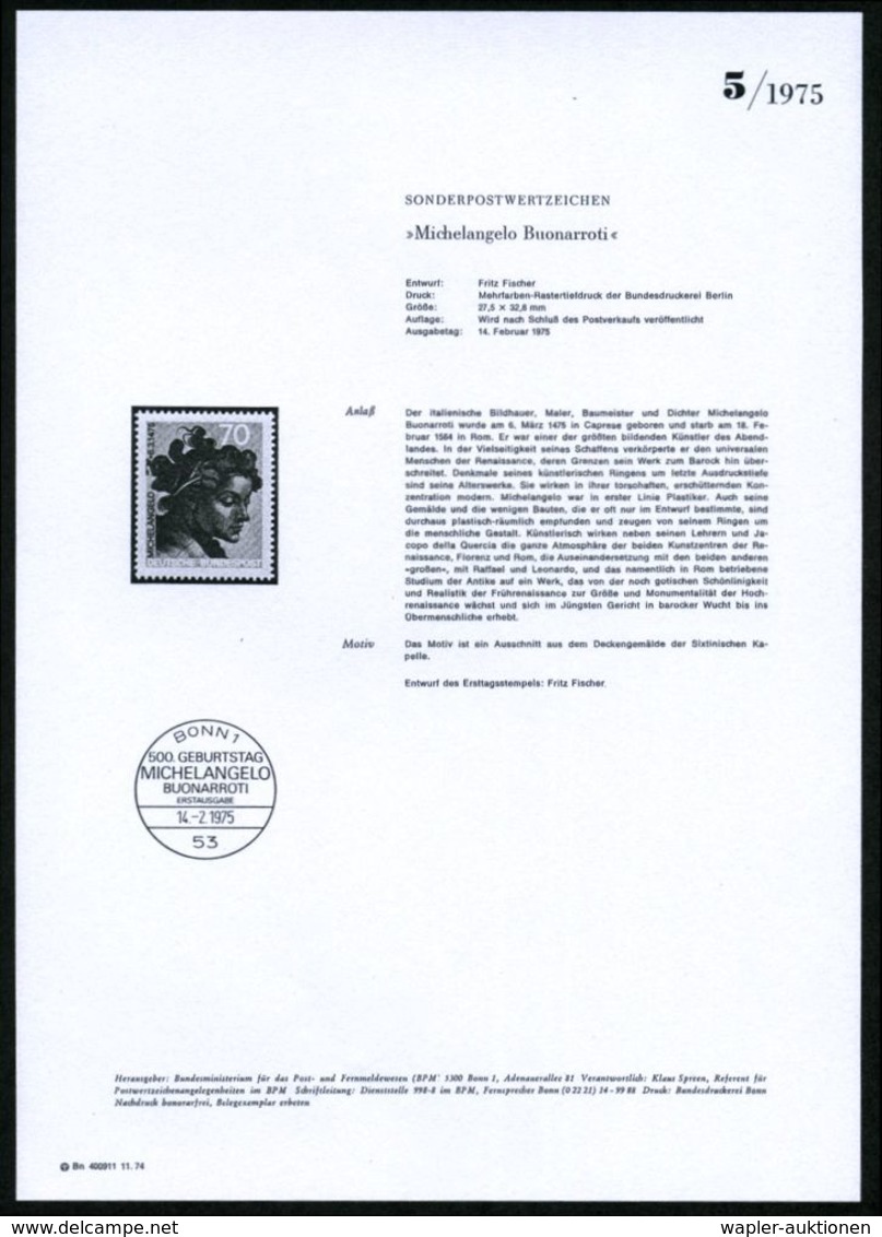 AUSLÄNDISCHE KÜNSTLER & MALER : B.R.D. 1975 (Febr.) 70 Pf. "500. Geburtstag Michelangelo Buonarotti" (Ausschnitt Sixtin. - Other & Unclassified