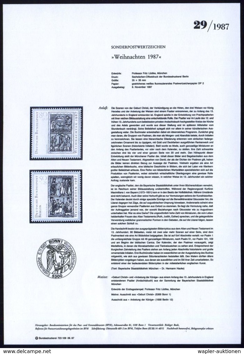 AUSLÄNDISCHE KÜNSTLER & MALER : B.R.D. 1987 (Nov.) 80 + 40 Pf. Weihnachten = Buchmalerei Aus Engl. Psalter ("Geburt Chri - Altri & Non Classificati