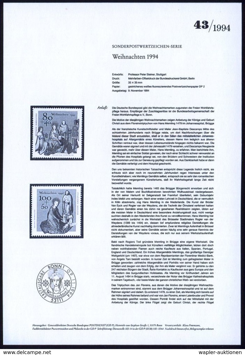 AUSLÄNDISCHE KÜNSTLER & MALER : B.R.D. 1994 (Nov.) Weihnachten, Kompl. Satz = Hans Memling (Floreins-Tryptichon) 80 + 40 - Sonstige & Ohne Zuordnung