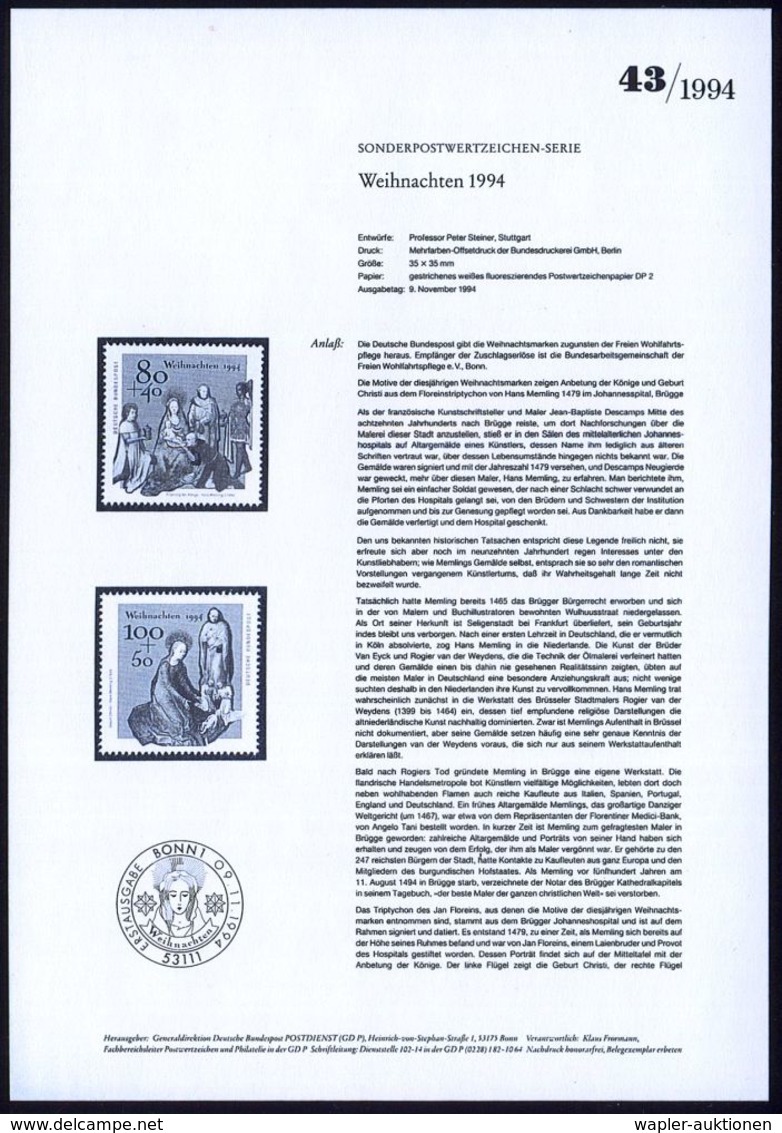 AUSLÄNDISCHE KÜNSTLER & MALER : B.R.D. 1994 (Nov.) Weihnachten, Kompl. Satz = Hans Memling (Floreins-Tryptichon) 80 + 40 - Autres & Non Classés