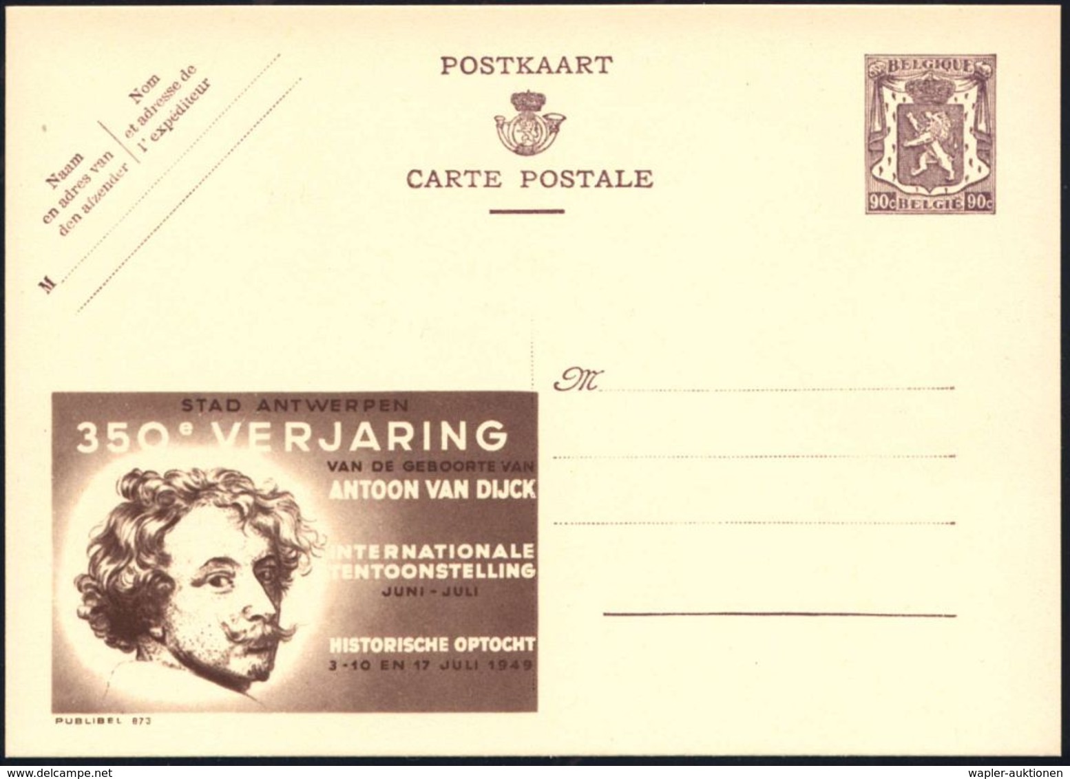 AUSLÄNDISCHE KÜNSTLER & MALER : BELGIEN 1948 90 C. Reklame-P Löwe, Braunlila: 350e VERJARING../A.VAN DIJCK = Internat. V - Autres & Non Classés