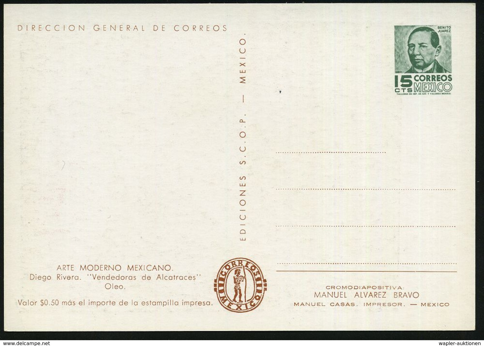 AUSLÄNDISCHE KÜNSTLER & MALER : MEXICO 1957 15 C. BiP Juarez, Grün: Diego Riviera "Blumen-Verkäufer" , Ungebr. (HG.P 148 - Altri & Non Classificati