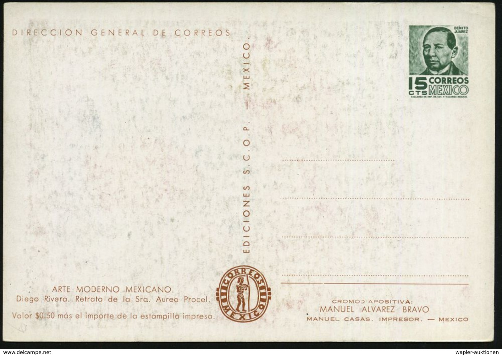 AUSLÄNDISCHE KÜNSTLER & MALER : MEXICO 1957 15 C. BiP Juarez, Grün: Diego Riviera "Portrait Senora Aurea Procel" , Ungeb - Other & Unclassified