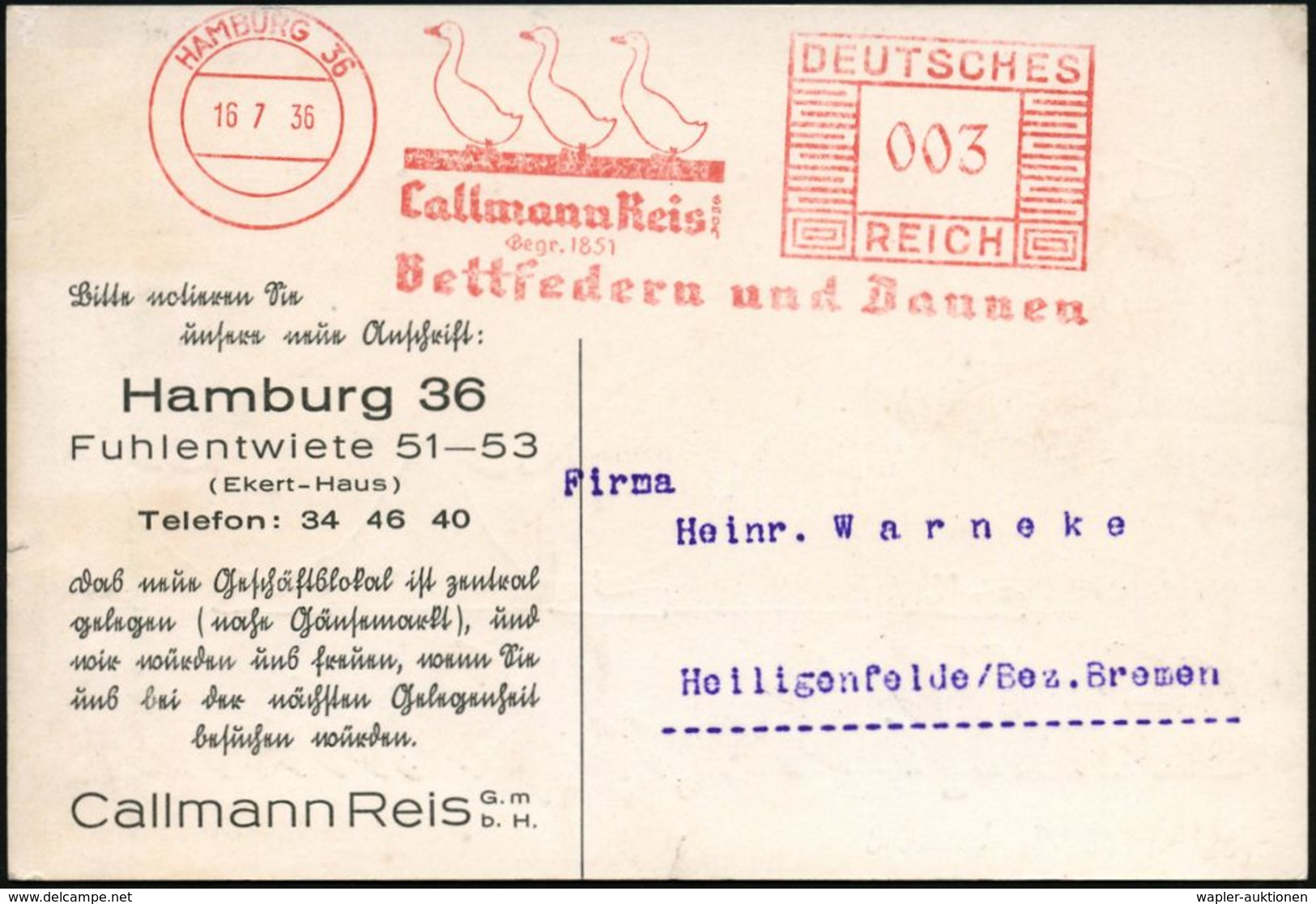 GRAFIK / ZEICHENKUNST / KUNSTDRUCKTECHNIKEN : HAMBURG 36/ Callmann Reis GmbH/ Bettfedern U.Daunen 1936 (16.7.) AFS = 3 G - Other & Unclassified