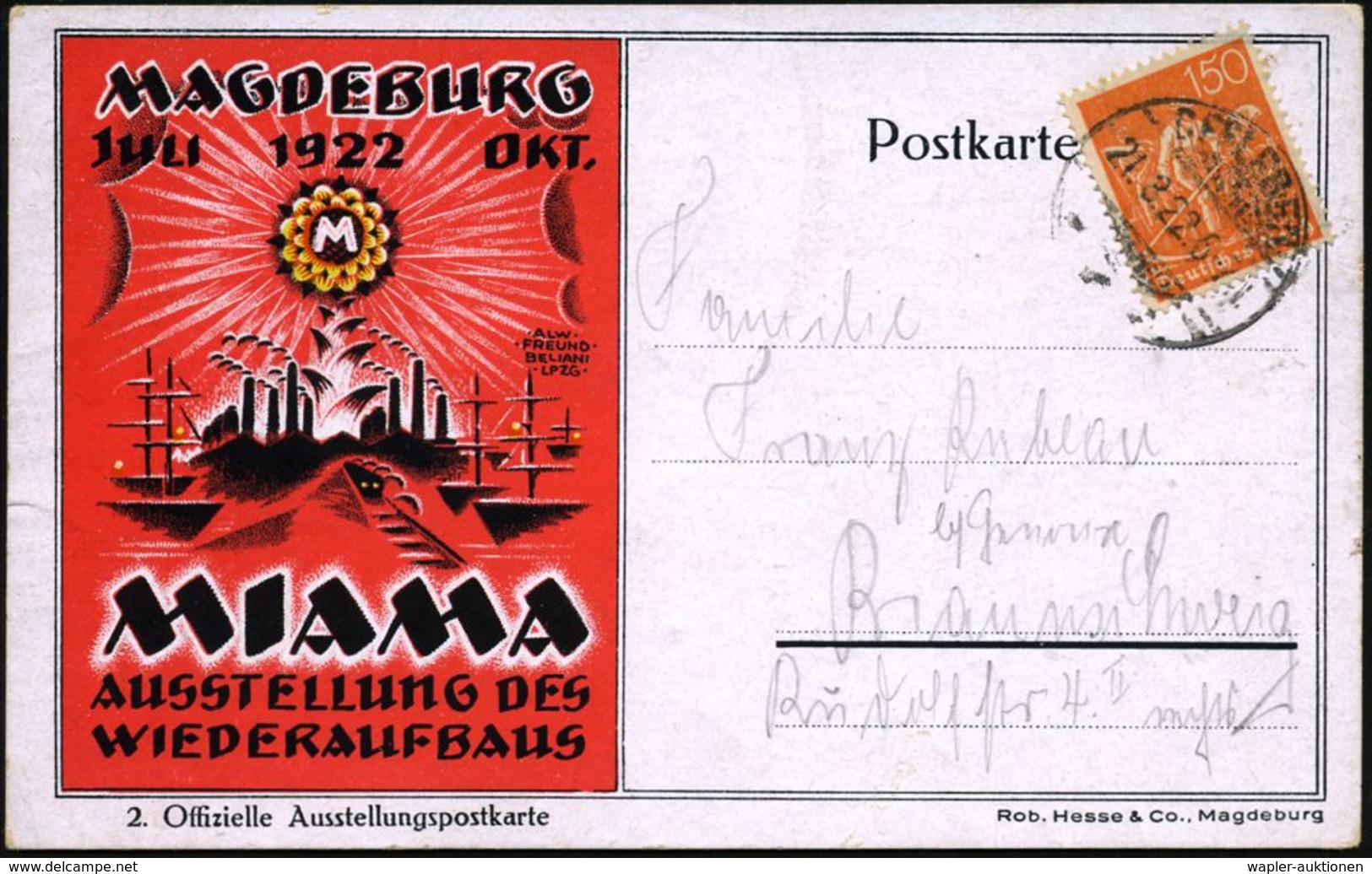 GRAFIK / ZEICHENKUNST / KUNSTDRUCKTECHNIKEN : Magdeburg 1922 (21.3.) Offiz. Reklame-Kt.: MIAMA/ AUSSTELLUNG DES WIEDERAU - Sonstige & Ohne Zuordnung