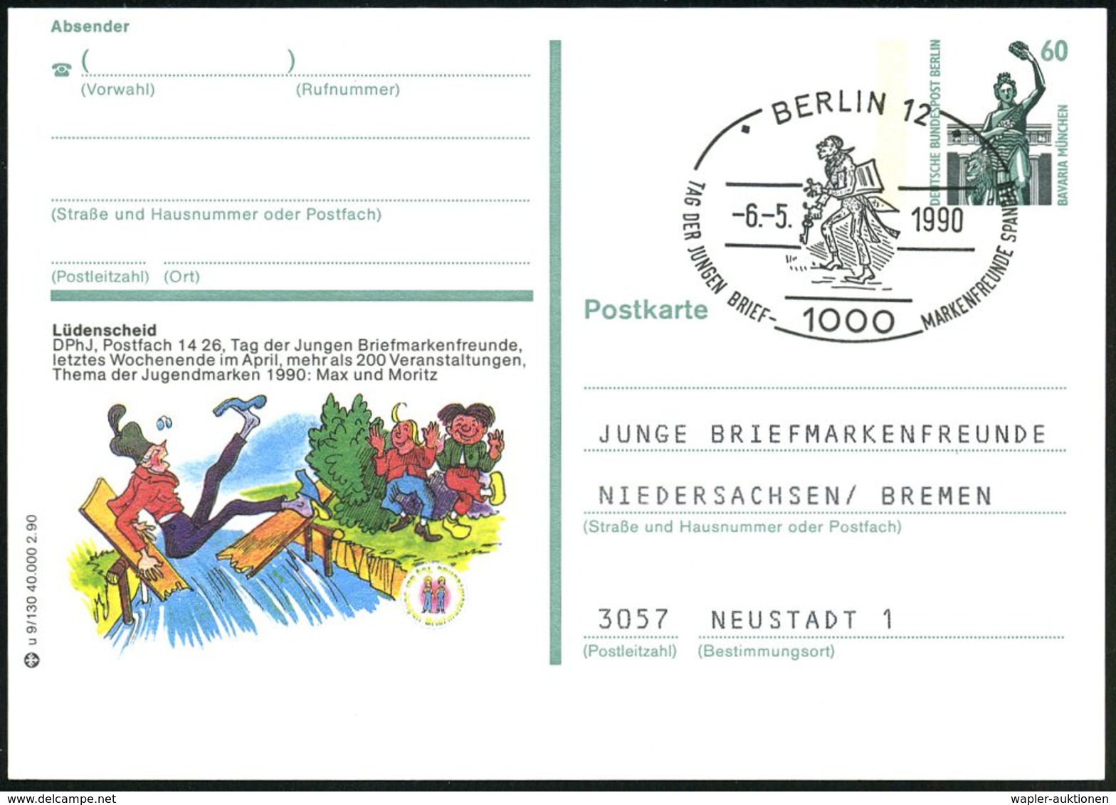 POPULÄRE ZEICHENKUNST / COMICS : 1000 BERLIN 12/ TAG DER JUNGEN BRIEFM.FREUNDE 1990 (5.5.) 2 Verschiedene SSt = Wilhem B - Bandes Dessinées