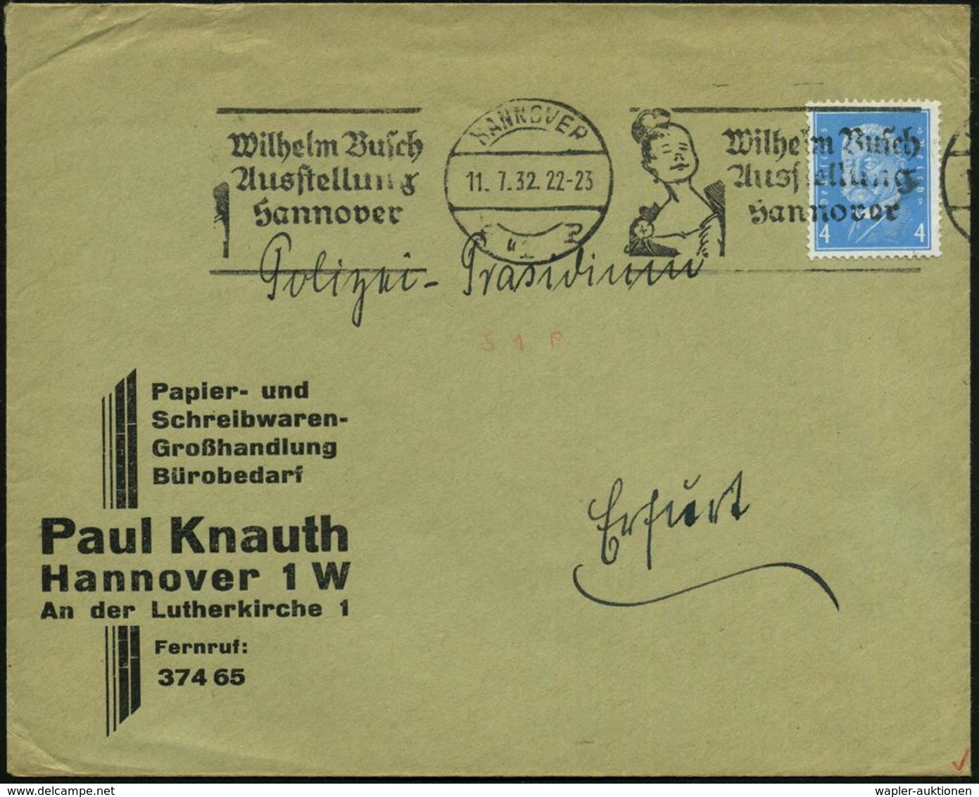 POPULÄRE ZEICHENKUNST / COMICS : HANNOVER/ S1p/ Wilhelm Busch/ Ausstellung 1932 (11.7.) Seltener, Aptierter MWSt  O H N  - Bandes Dessinées