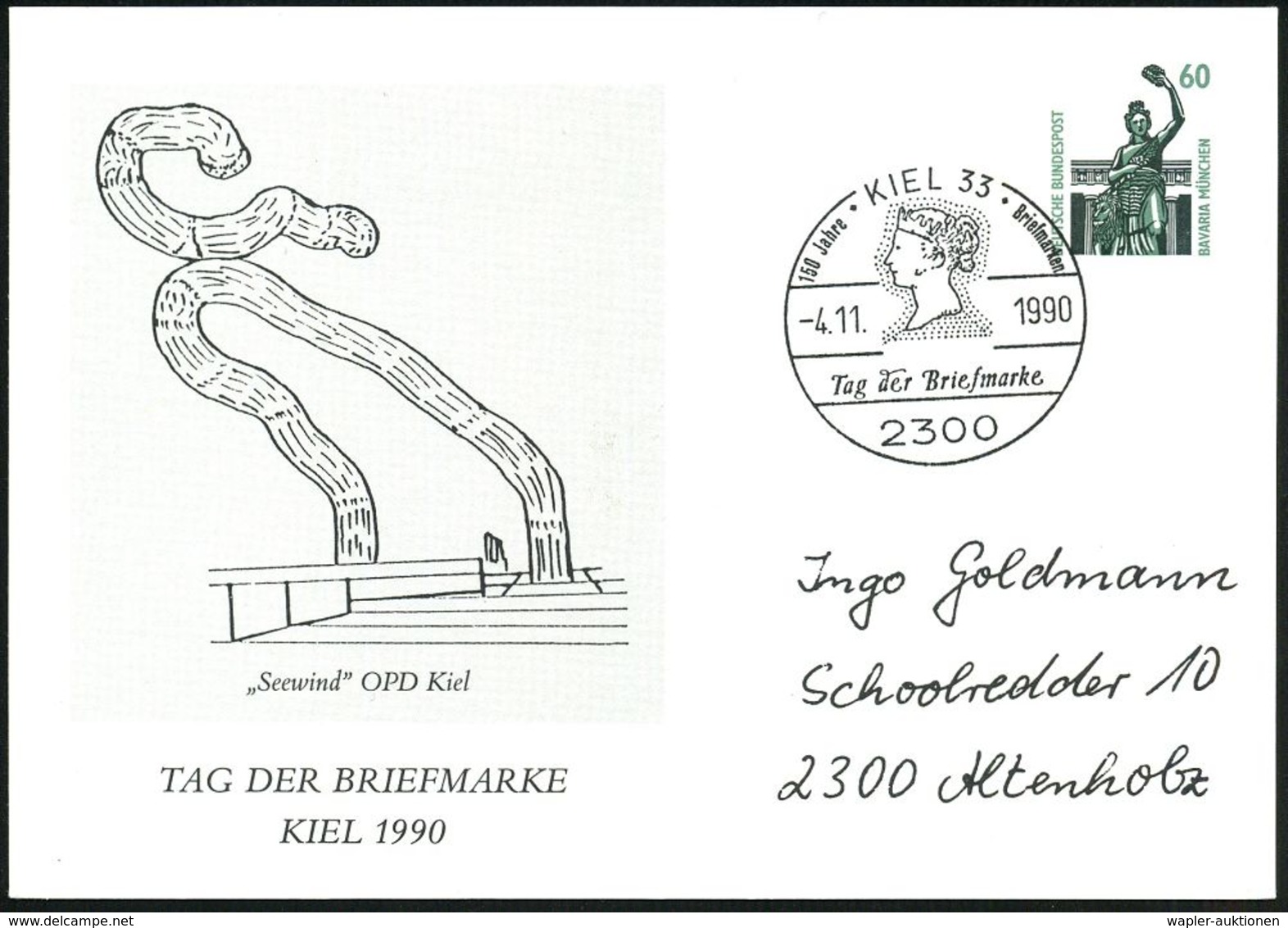 BILDHAUER / SKULPTUR & PLASTIK : 2300 KIEL 33/ 150 Jahre Briefmarken/ Tag Der Briefmarke 1990 (4.11.) SSt = Medaillon Kö - Skulpturen