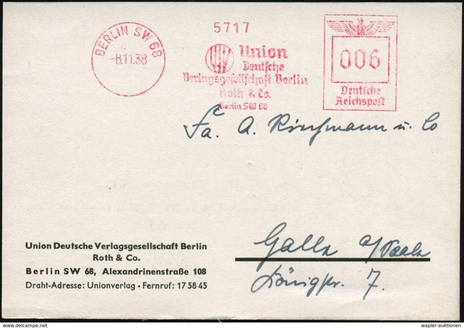 LITERATUR & DICHTKUNST (ALLGEMEIN) : BERLIN SW 68/ Union/ Deutsche/ Verlagsgesellschaft../ Roth & Co 1938 (8.11.) AFS (M - Ecrivains