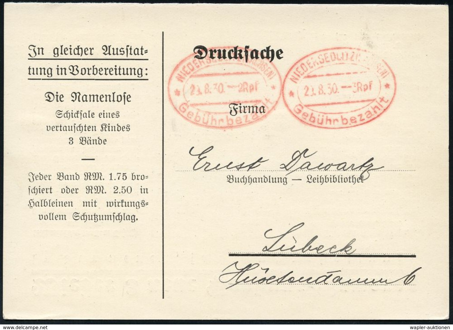 LITERATUR & DICHTKUNST (ALLGEMEIN) : NIEDERSEDLITZ (b.DRESDEN)/ **/ Gebühr Bezahlt 1930 (29.8.) Oval-PFS 2 RPf. + 3 RPf. - Ecrivains