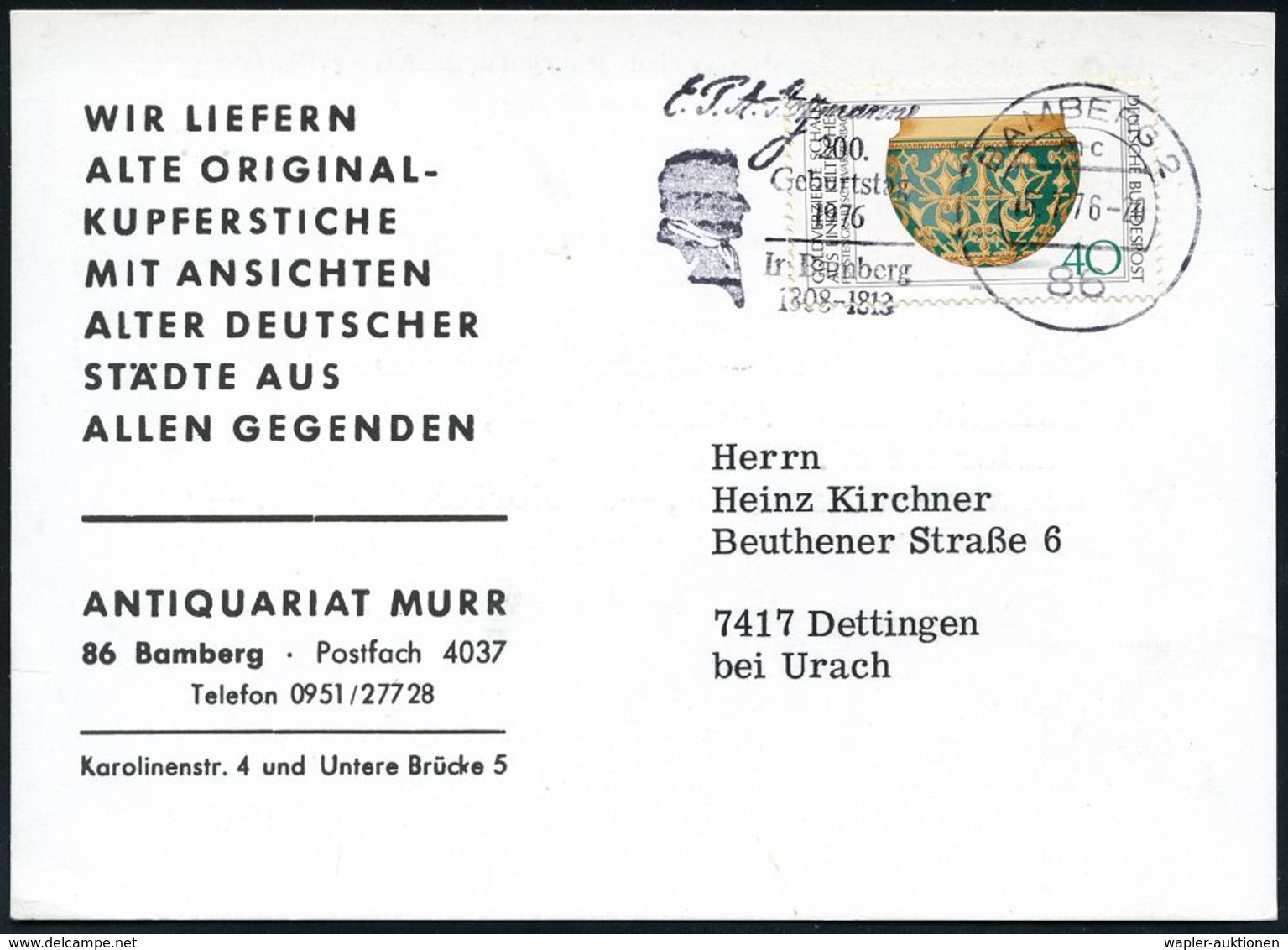 DEUTSCHSPRACHIGE DICHTER & LITERATUR : 86 BAMBERG 2/ M/ E.T.A.Hoffmann/ 200.Geburtstag.. 1976 (15.7.) MWSt = Kopfsilhoue - Schriftsteller