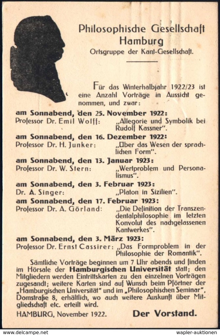 DEUTSCHSPRACHIGE DICHTER & LITERATUR : Hamburg 1922 (6.12.) Einladungskt. "Philosophische Ges. Hambg." ,u.a. Vortrag übe - Scrittori