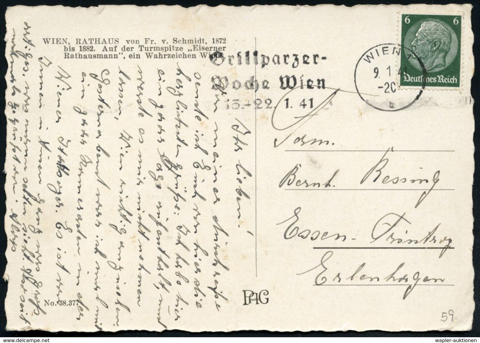 DEUTSCHSPRACHIGE DICHTER & LITERATUR : WIEN 1/ B/ Grillparzer-Woche Wien/ 15.-22.1.41 1941 (Jan.) MWSt Klar Auf Inl.-Kt  - Ecrivains