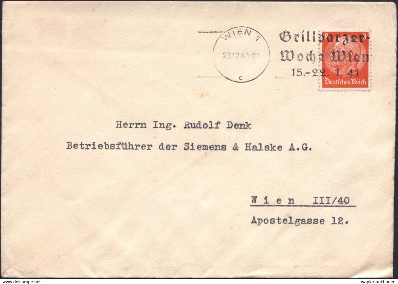 DEUTSCHSPRACHIGE DICHTER & LITERATUR : WIEN 1/ C/ Grillparzer-/ Woche Wien/ 15.-22.1.41 1941 (23.12.) Seltener MWSt, öst - Writers