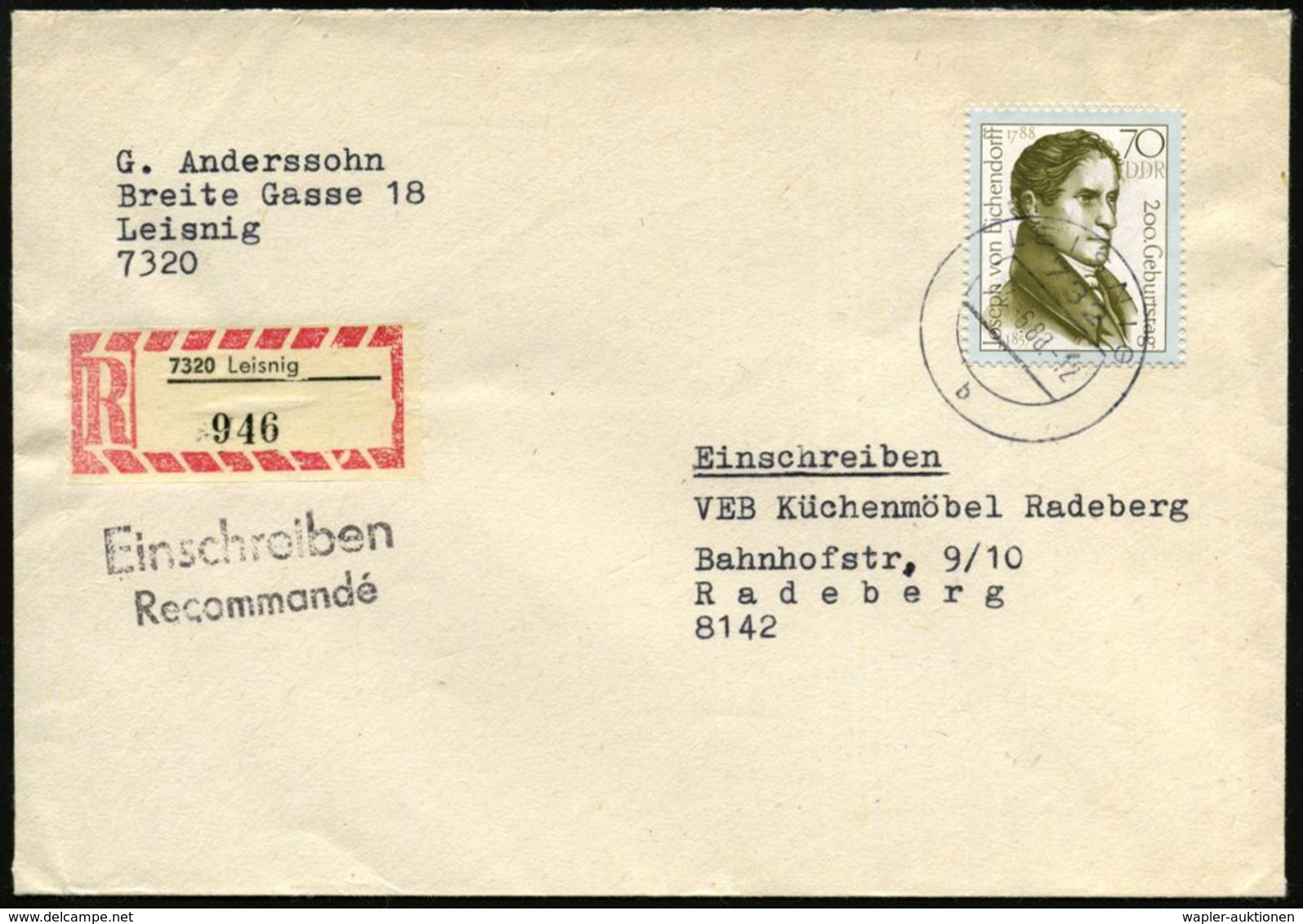 DEUTSCHSPRACHIGE DICHTER & LITERATUR : D.D.R. 1988 (14.6.) 70 Pf. Josef V. Eichendorff, Seltene EF Aus Block! (= Romanti - Writers