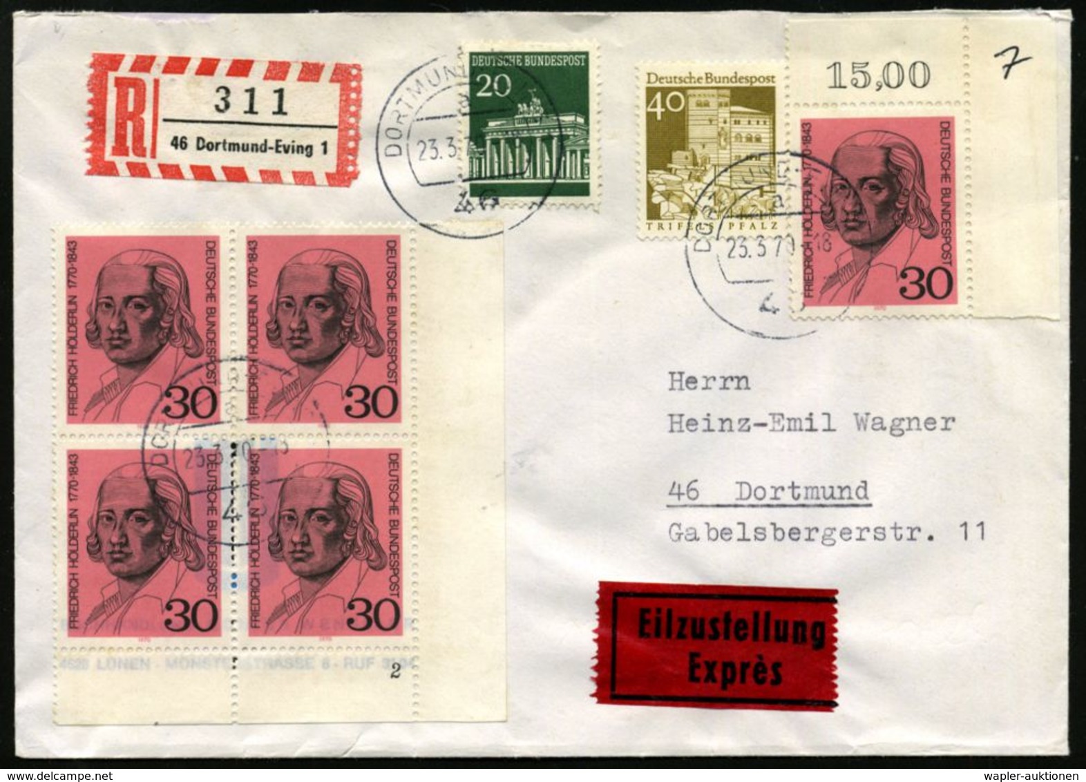 DEUTSCHSPRACHIGE DICHTER & LITERATUR : B.R.D. 1970 (23.3.) 30 Pf. "200. Geburtstag Friedr. Hölderlin", Eckrand-4er-Block - Schriftsteller