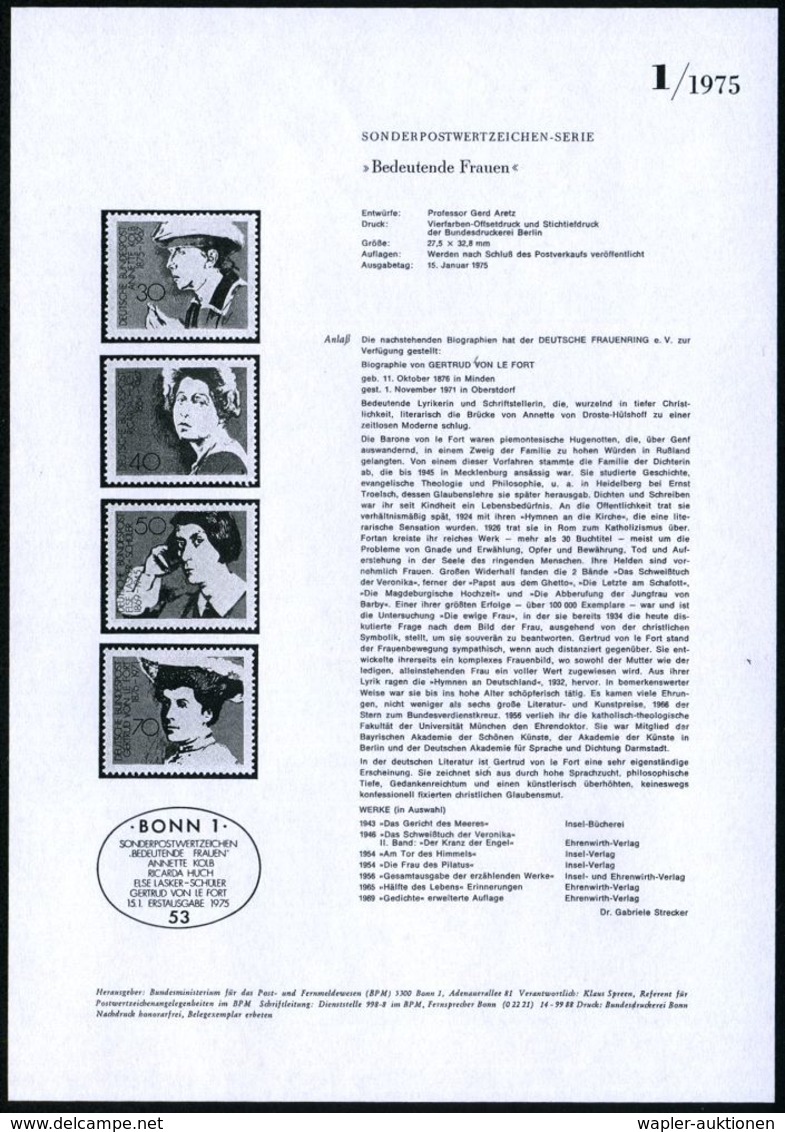 DEUTSCHSPRACHIGE DICHTER & LITERATUR : B.R.D. 1975 Deutsche Autorinnen, 30 Pf. Anette Kolb, 40 Pf. Ricarda Huch, 50 Pf.  - Ecrivains