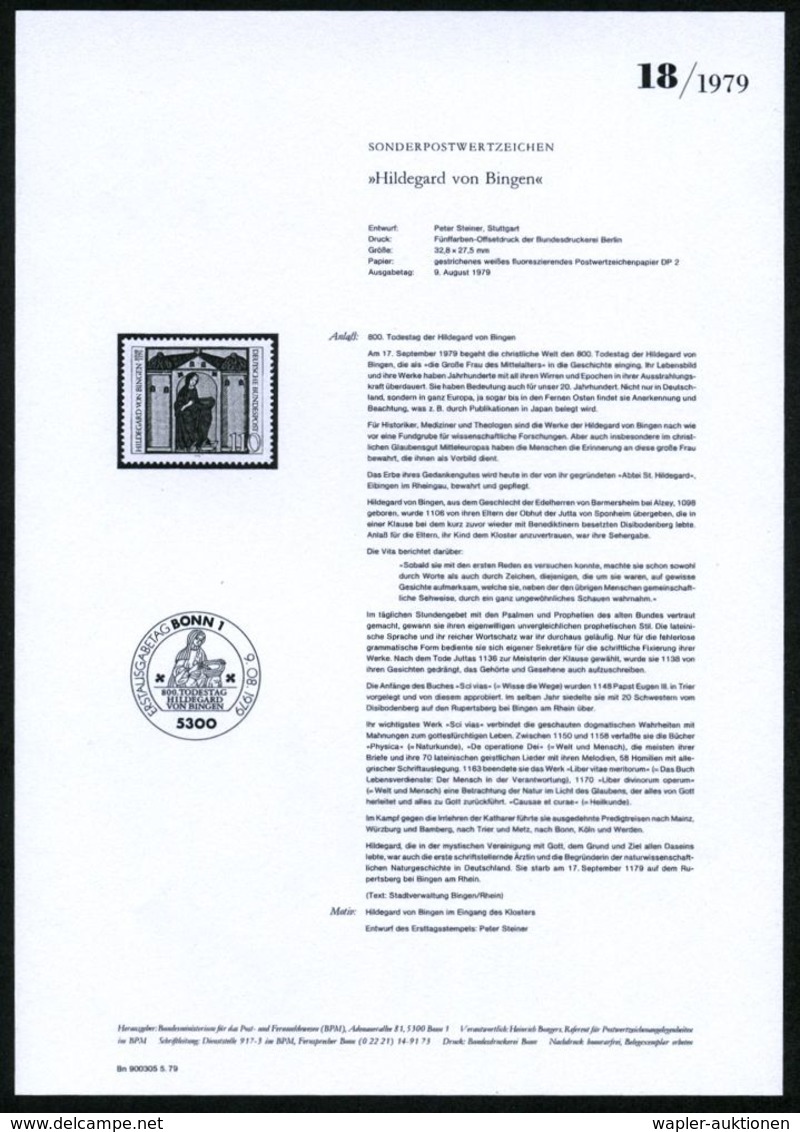 DEUTSCHSPRACHIGE DICHTER & LITERATUR : B.R.D. 1979 (Aug.) 110 Pf. "800. Todestag Hildegard V. Bingen" Mit Amtl. Handstem - Ecrivains