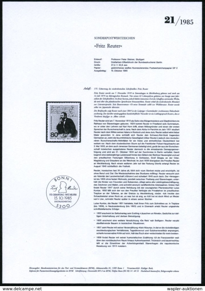 DEUTSCHSPRACHIGE DICHTER & LITERATUR : B.R.D. 1985 (Okt.) 80 Pf. "175. Geburtstag Fritz Reuter" Mit Amtl. Handstempel  " - Schriftsteller
