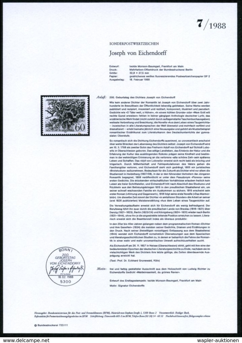 DEUTSCHSPRACHIGE DICHTER & LITERATUR : B.R.D. 1988 (Febr.) 60 Pf. "200. Geburtstag Josef V. Eichendorff" Mit Amtl. Hands - Ecrivains