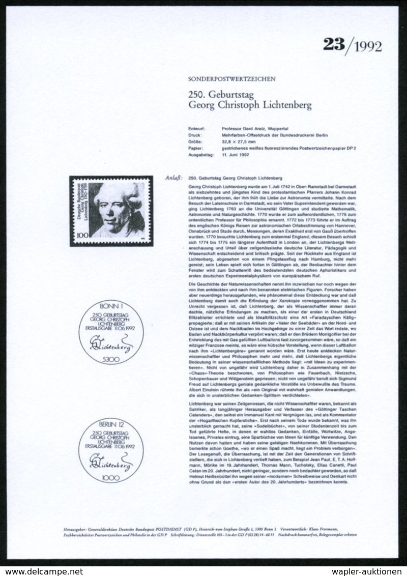 DEUTSCHSPRACHIGE DICHTER & LITERATUR : B.R.D. 1992 (Juni) 100 Pf. "250. Geburtstag Georg Christoph Lichtenberg" Mit Amtl - Writers