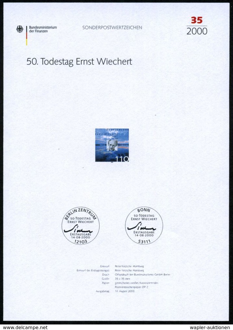 DEUTSCHSPRACHIGE DICHTER & LITERATUR : B.R.D. 2000 (Aug.) 110 Pf. "50. Todestag Ernst Wiechert" Mit Amtl. Handstempel  " - Writers