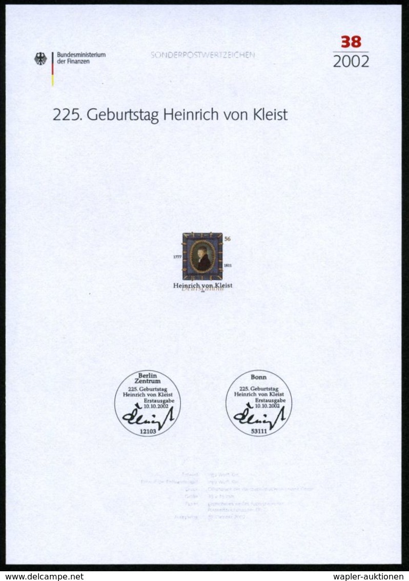 DEUTSCHSPRACHIGE DICHTER & LITERATUR : B.R.D. 2002 (Okt.) 56 C. "225. Geburtstag Heinrich V. Kleist" Mit Amtl. Handstemp - Ecrivains