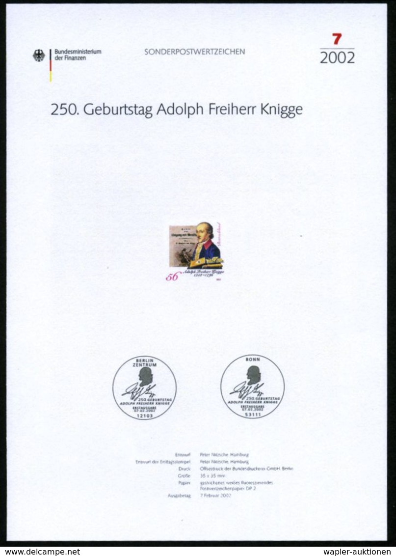 DEUTSCHSPRACHIGE DICHTER & LITERATUR : B.R.D. 2002 (Febr.) 56 C. "250. Geburtstag Adolph V. Knigge" (Autor, Dramatiker,  - Schriftsteller