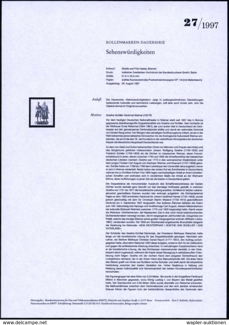 JOHANN WOLFGANG VON GOETHE (1749 - 1832) : B.R.D. 1997 (Aug.) 100 Pf. Dauerserie "Goethe-Schiller-Denkmal, Weimar" Mit A - Ecrivains