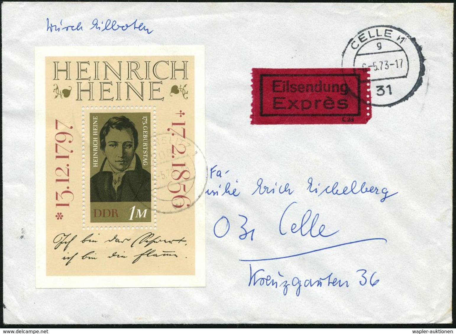 HEINRICH HEINE (1797 - 1856) : D.D.R. 1973 (4.5.) 1 M. "175. Geburtstag Heinr. Heine", Block-EF , Sauber Gest. BRD-Eil-B - Scrittori