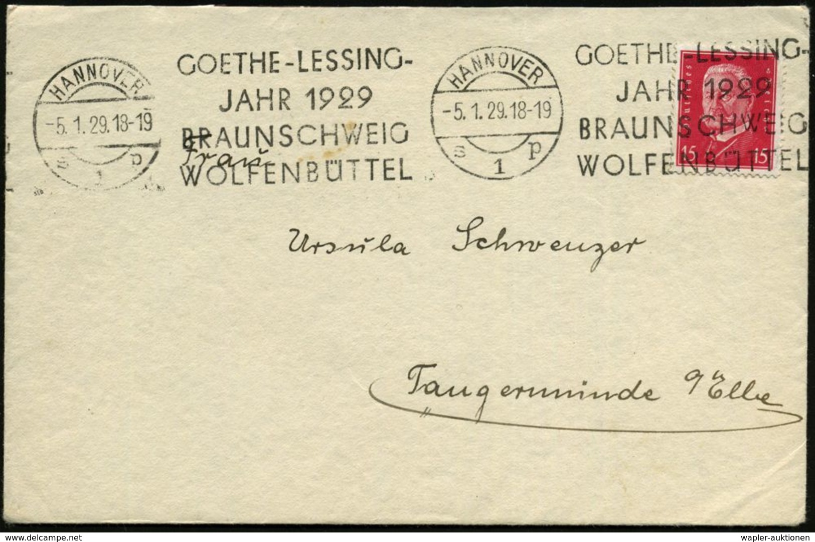 GOTTHOLD EPHRAIM LESSING (1729 - 1781) : HANNOVER/ S1p/ GOETHE-LESSING-/ JAHR 1929.. 1929 (Jan.) BdMWSt Klar Auf Bedarfs - Ecrivains