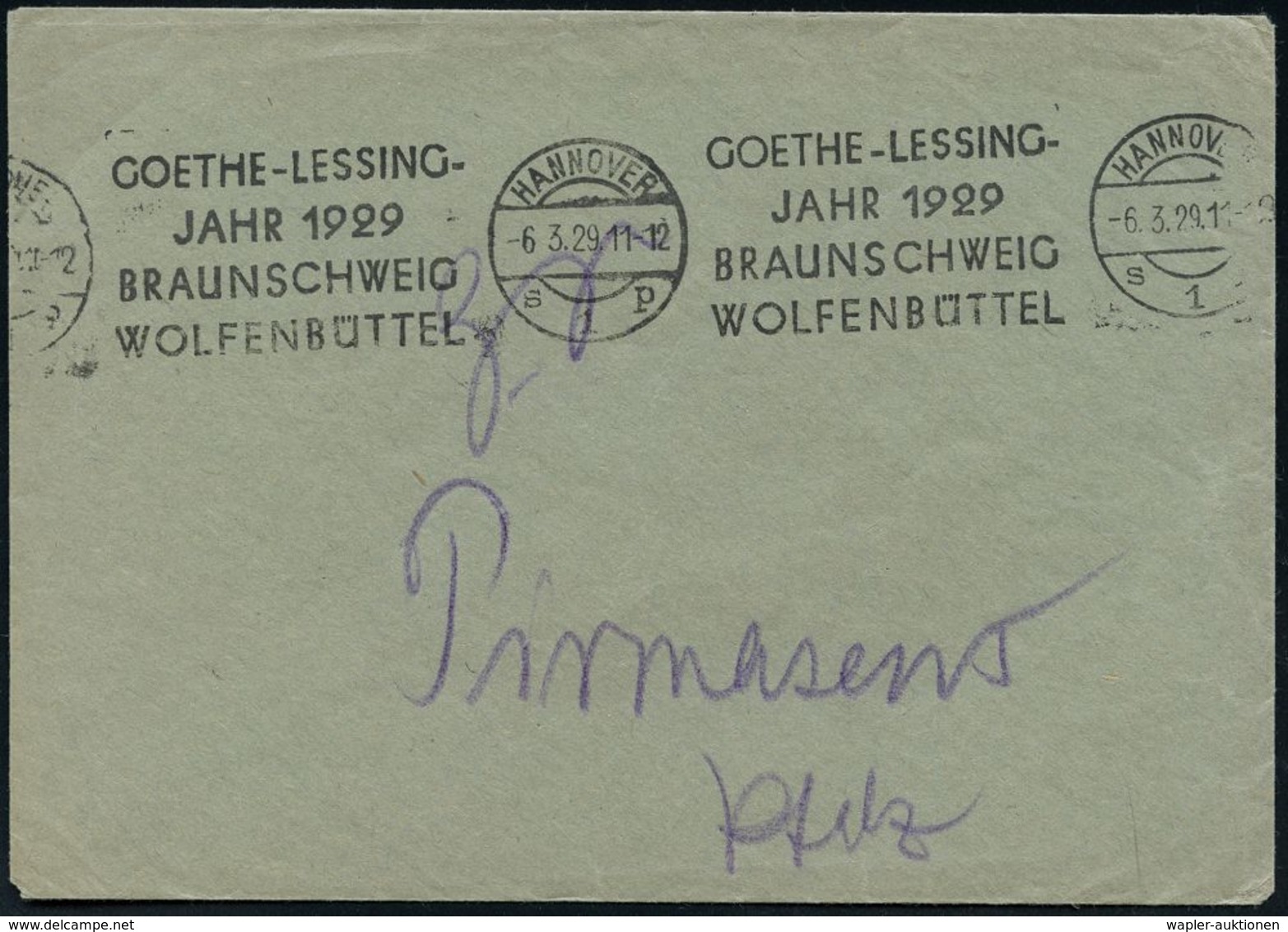 GOTTHOLD EPHRAIM LESSING (1729 - 1781) : HANNOVER/ S1p/ GOETHE-LESSING-/ JAHR 1929.. 1929 (6.3.) BdMWSt Klar Auf Markenl - Schriftsteller