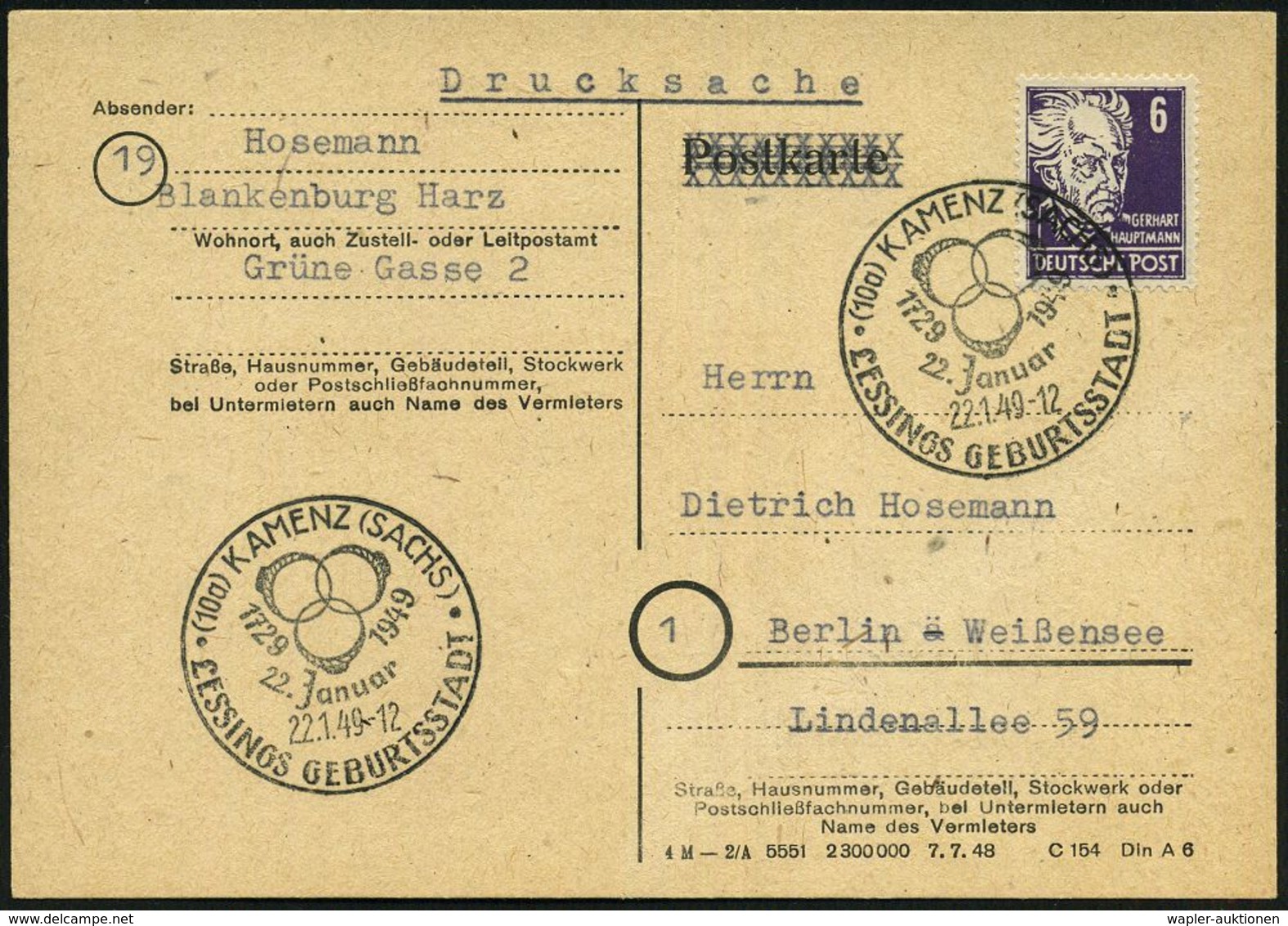 GOTTHOLD EPHRAIM LESSING (1729 - 1781) : (10a) KAMENZ (SACHS)/ 1729../ LESSINGS GEBURTSSTADT 1949 (22.1.) Seltener SSt ( - Ecrivains