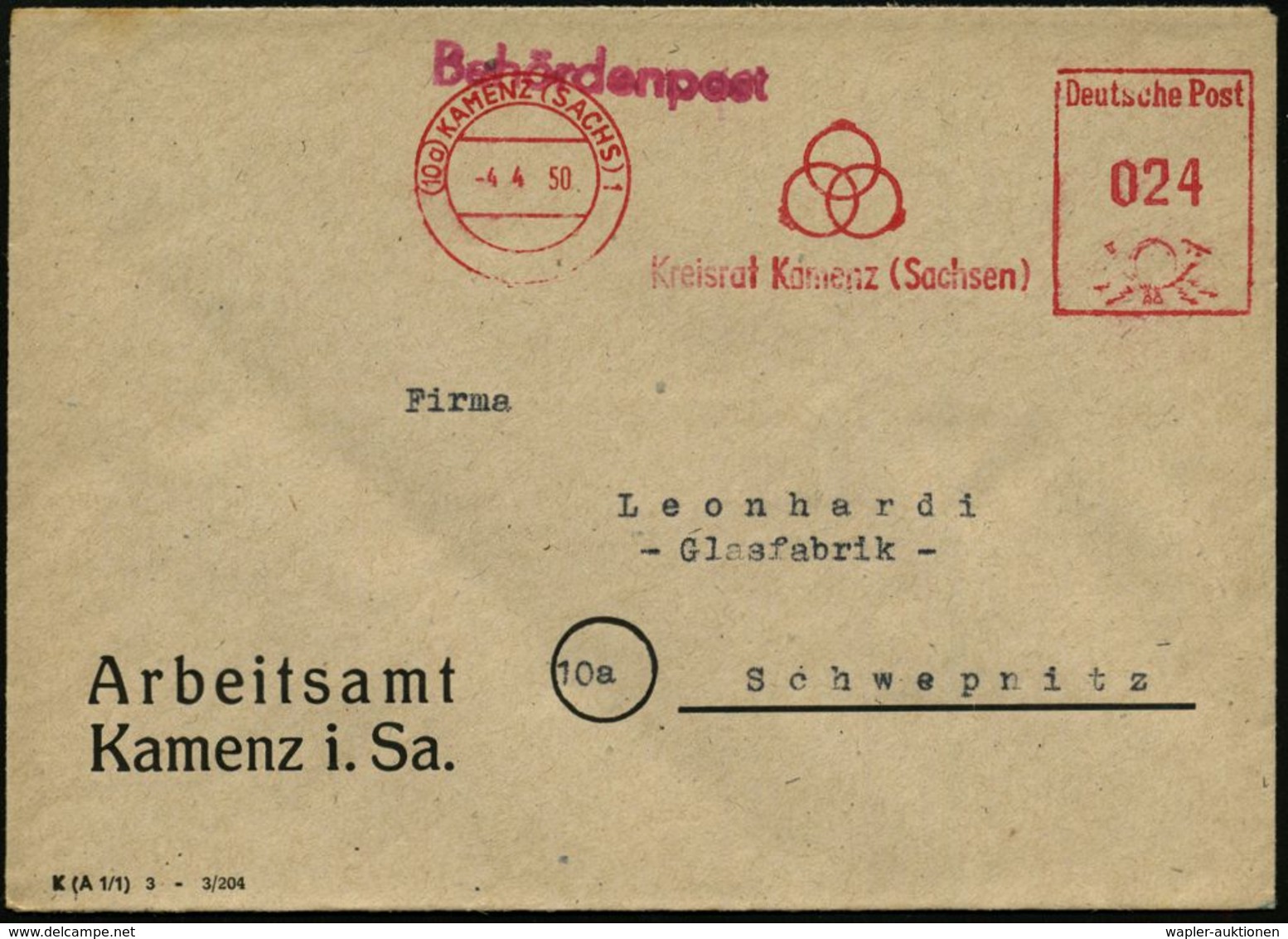 GOTTHOLD EPHRAIM LESSING (1729 - 1781) : (10a) KAMENZ (SACHS)1/ Kreisrat Kamenz (Sachsen) 1950 (4.4.) AFS = 3 Ringe Aus  - Schriftsteller