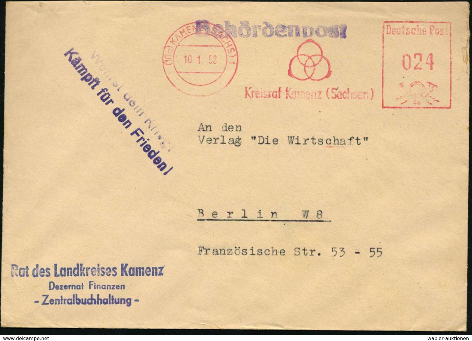 GOTTHOLD EPHRAIM LESSING (1729 - 1781) : (10a) KAMENZ (SACHS)1/ Kreisrat Kamenz.. 1952 (10.1.) AFS = 3 Ringe Aus "Nathan - Ecrivains