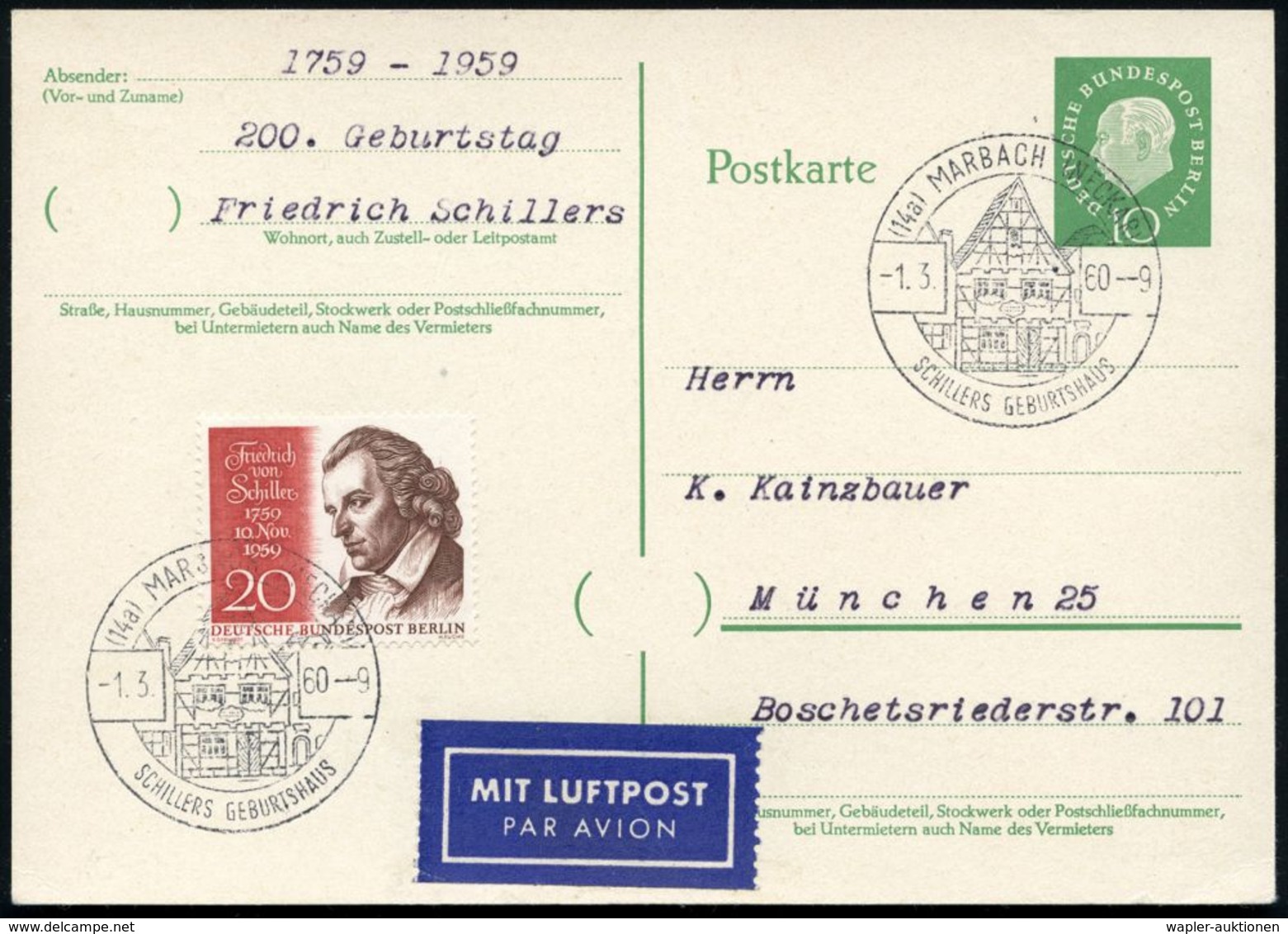 JOHANN CHRISTOPH FRIEDRICH VON SCHILLER (1759 - 1805) : (14a) MARBACH (NECKAR)/ SCHILLERS GEBURTSHAUS 1960 (1.3.) HWSt = - Ecrivains