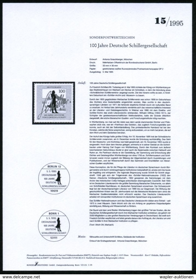 JOHANN CHRISTOPH FRIEDRICH VON SCHILLER (1759 - 1805) : B.R.D. 1995 (5.5.) 100 Pf. "100 Jahre Deutsche Schillergesellsch - Scrittori