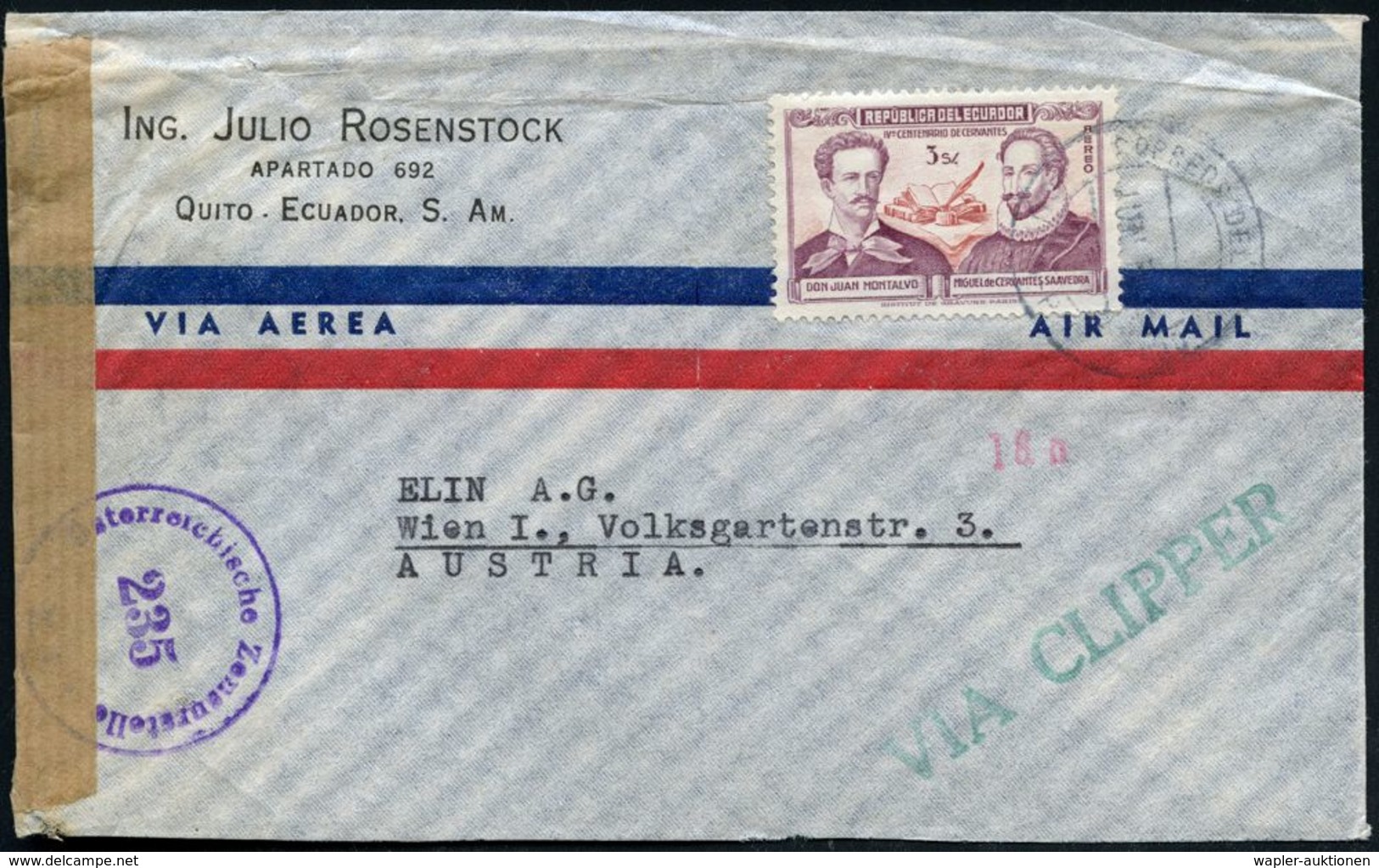 FREMDSPRACHIGE DICHTER & LITERATUR : ECUADOR 1949 (Juni) 3 S. "400. Geburtstag Miguel De Cervantes", EF + Grüner 1L: VIA - Schriftsteller