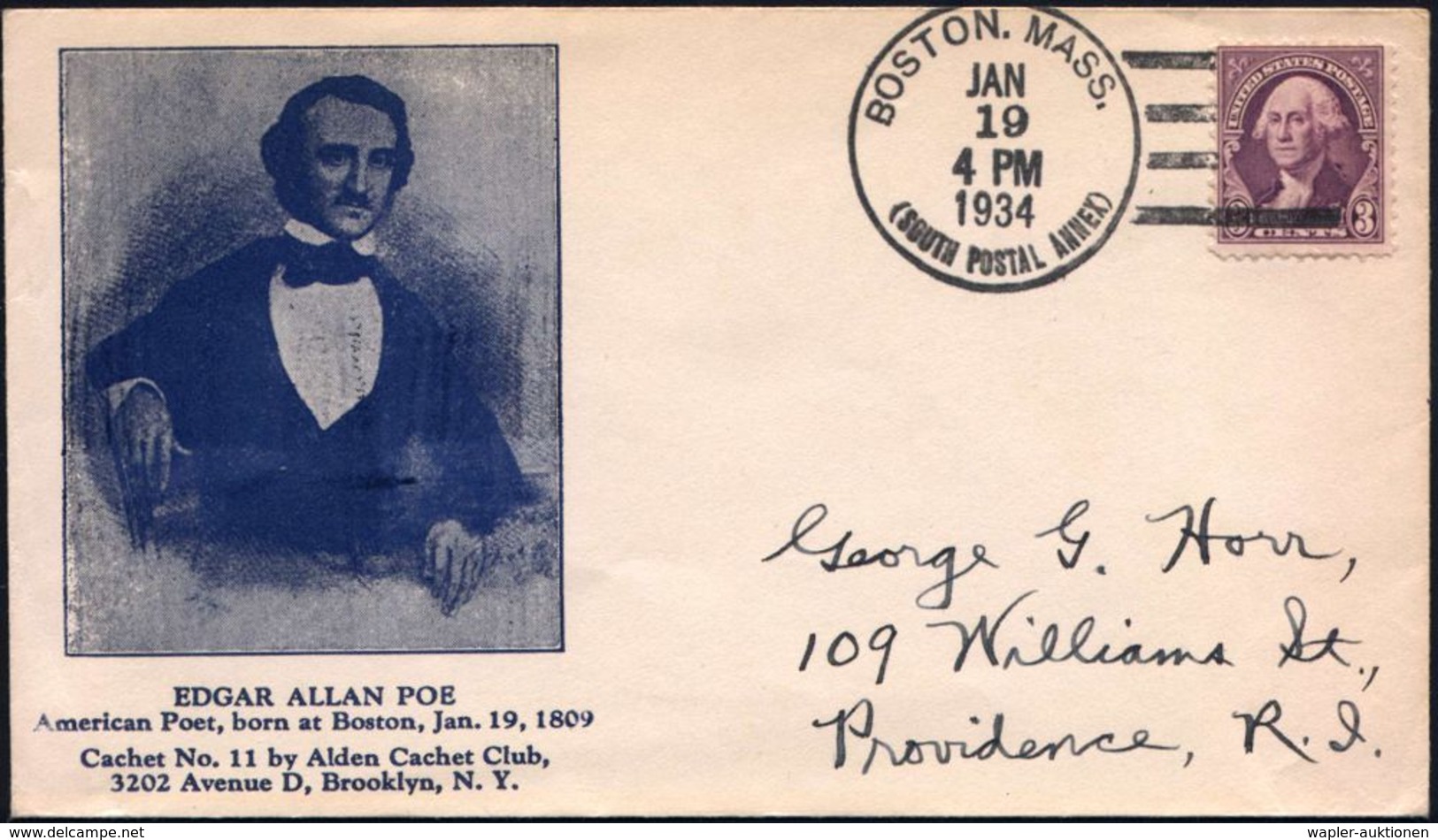 FREMDSPRACHIGE DICHTER & LITERATUR : U.S.A. 1934 (19.1.) 1K-Killer: BOSTON, MASS./(SOUTH POSTAL ANNEX) Klar Auf Jubil.-S - Ecrivains