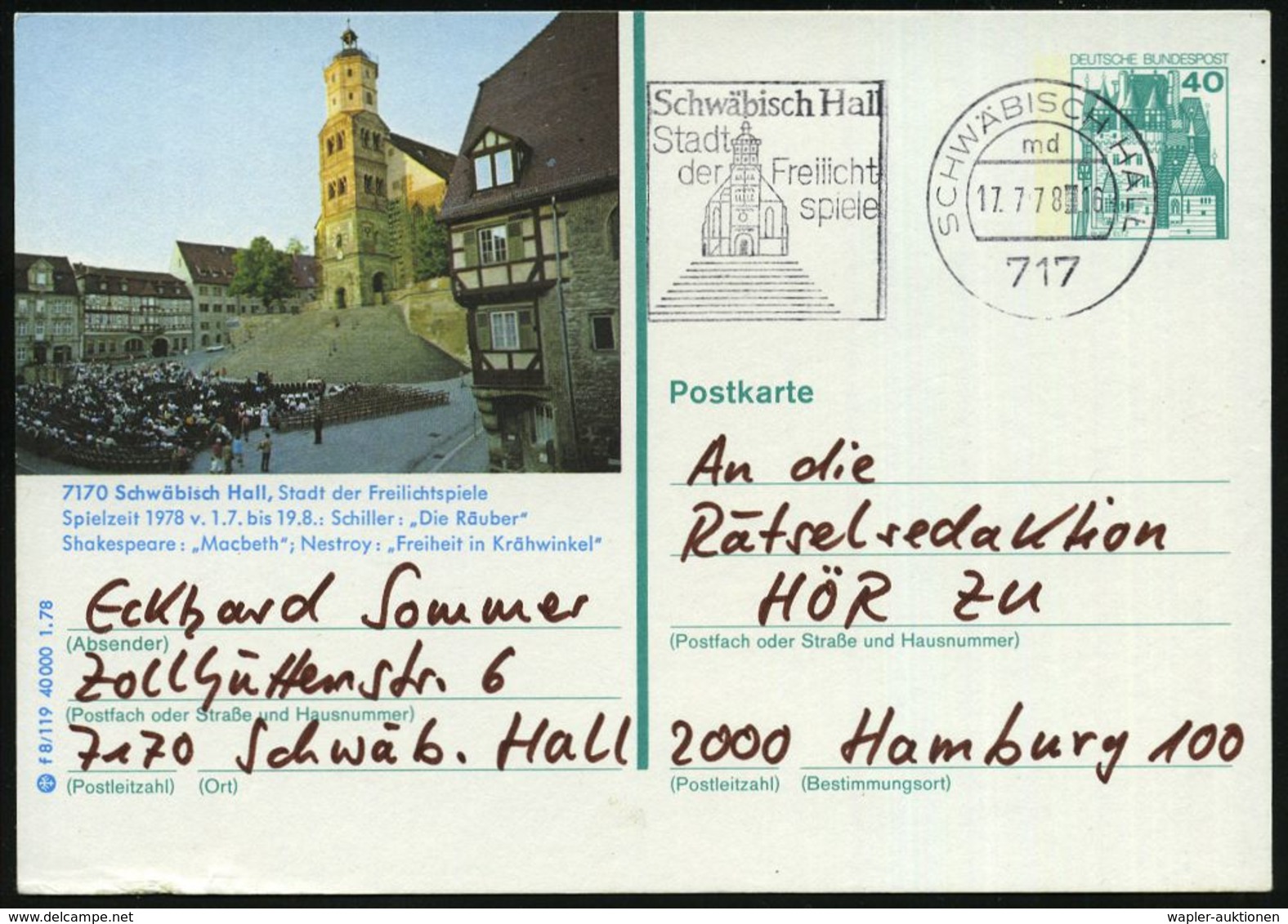 WILLIAM SHAKESPEARE (1564 - 1616) : Schäbisch Hall 1978 (17.7.) MWSt.: 717 SCHWÄBISCH HALL/md/Stadt/d.Freilicht/spiele ( - Ecrivains