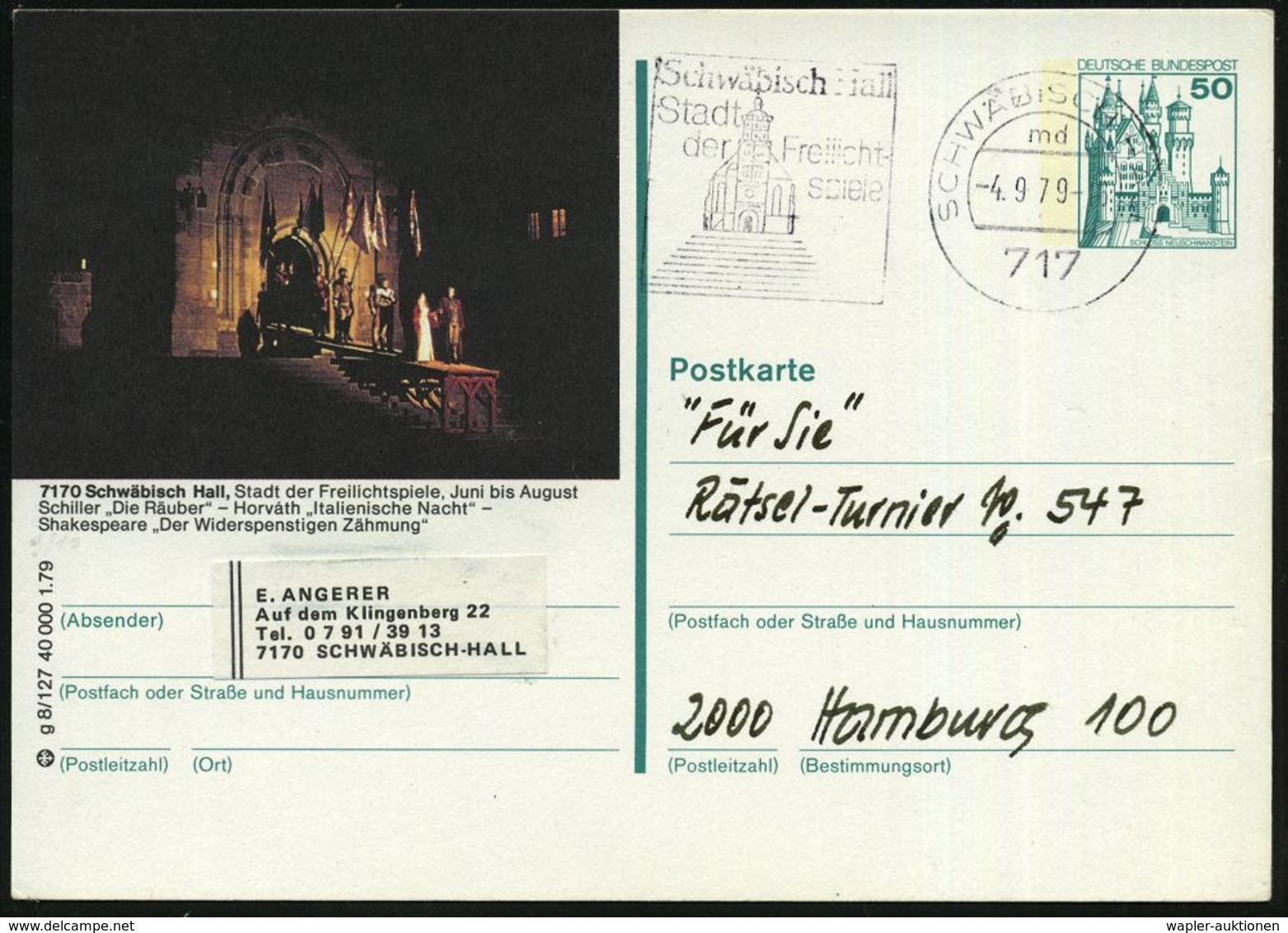 WILLIAM SHAKESPEARE (1564 - 1616) : Schwäbisch Hall 1979 (4.9.) MWSt.: 717 SCHWÄBISCH HALL/md/Stadt/der Freilicht/spiele - Ecrivains