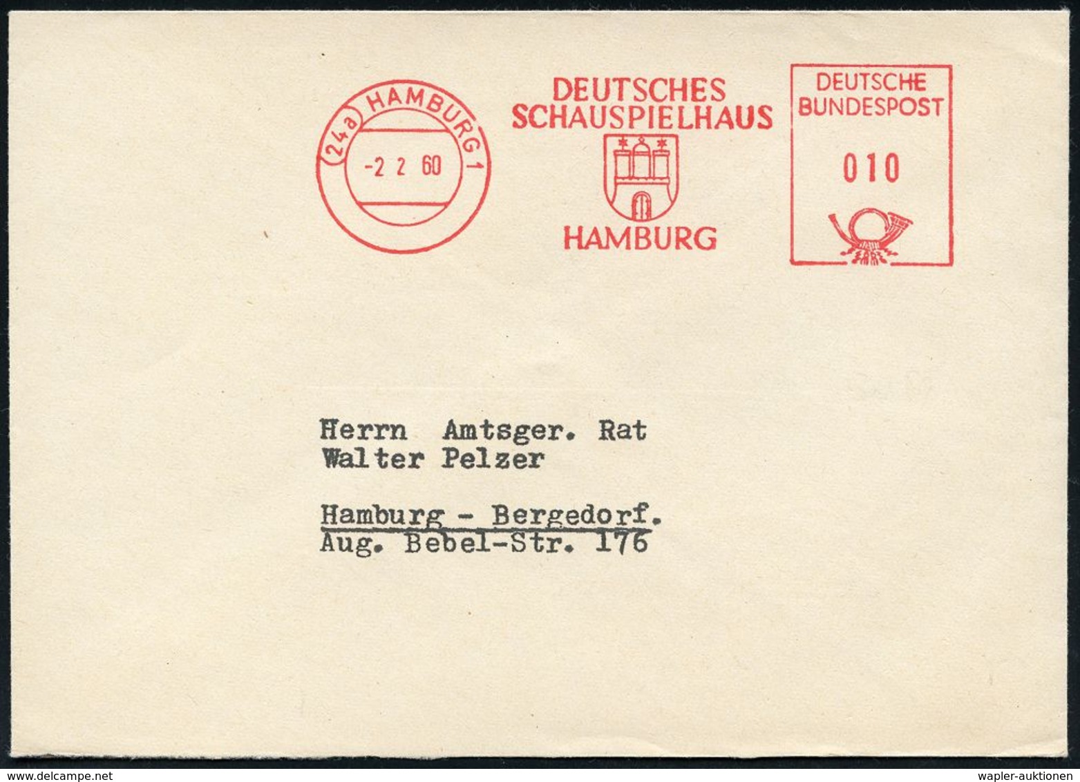 BÜHNE / THEATER / THEATER-FESTIVALS : (22a) HAMBURG 1/ DEUTSCHES/ SCHAUSPIELHAUS 1960 (2.2.) AFS (Stadtwappen) Rs. Abs.- - Teatro