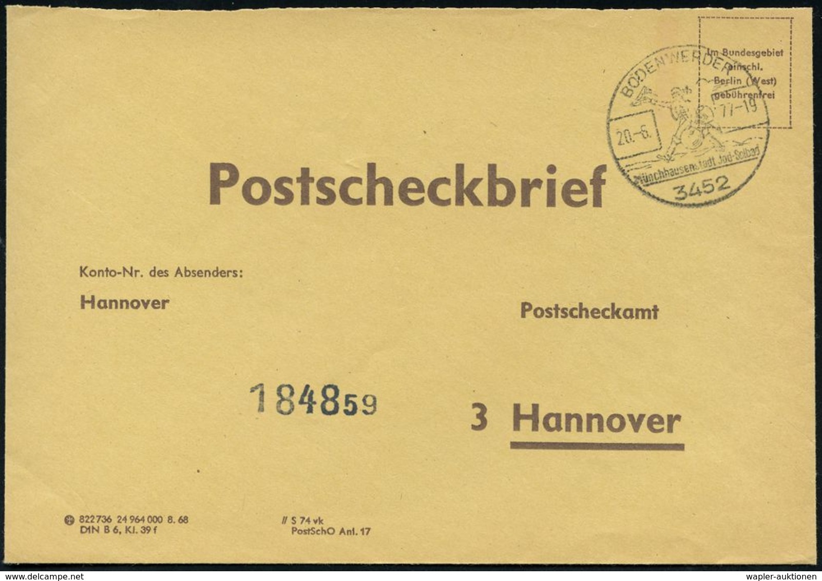 MÄRCHEN / SAGEN / FABELWESEN : 3452 BODENWERDER/ Münchhausenstadt 1977 (20.6.) HWSt = Münchhausen Auf Kanonenkugel , Kla - Schriftsteller