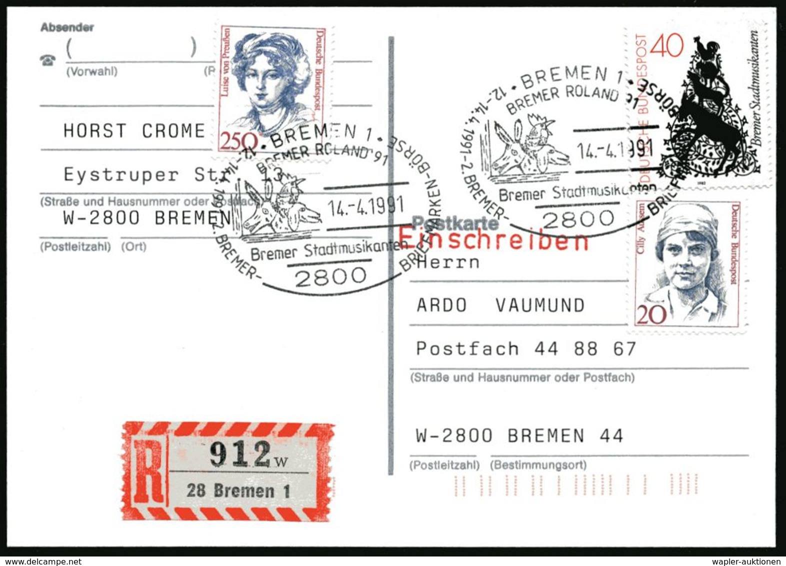 MÄRCHEN / SAGEN / FABELWESEN : 2800 BREMEN 1/ ..BREMER Stadtmusikanten.. 1991 (14.4.) SSt = Hund, Katze, Esel, Hahn Auf  - Ecrivains