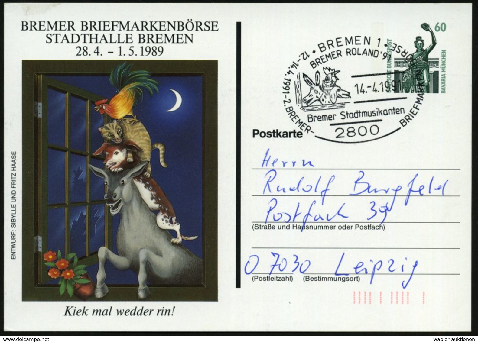 MÄRCHEN / SAGEN / FABELWESEN : 2800 BREMEN 1/ BREMER ROLAND'91/ Bremer Stadtmusikanten.. 1991 (14.4.) SSt = "Bremer Stad - Schriftsteller