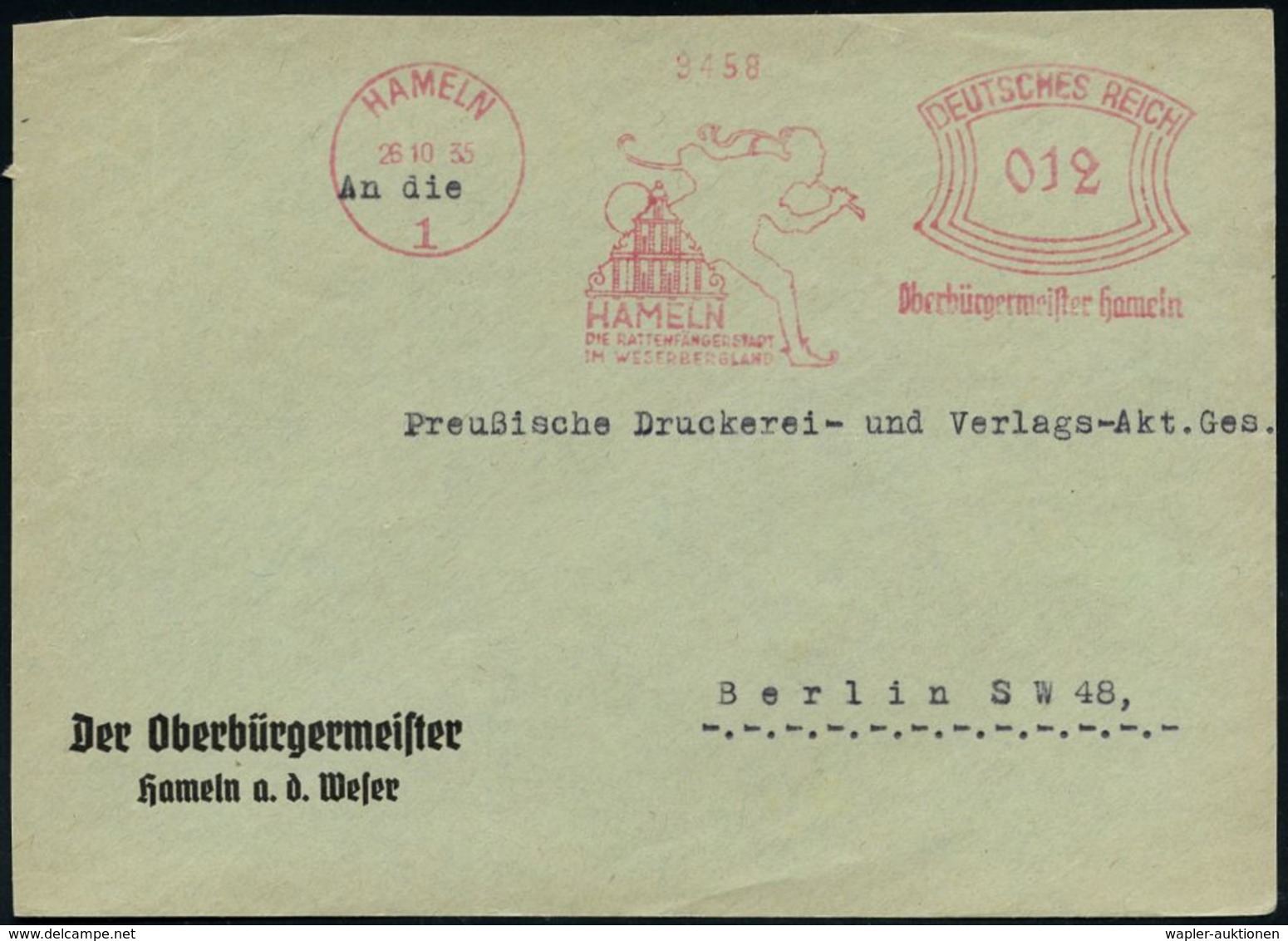 MÄRCHEN / SAGEN / FABELWESEN : HAMELN/ 1/ DIE RATTENFÄNGERSTADT../ Magistrat 1933 (26.10..) Dekorativer AFS = Rattenfäng - Ecrivains
