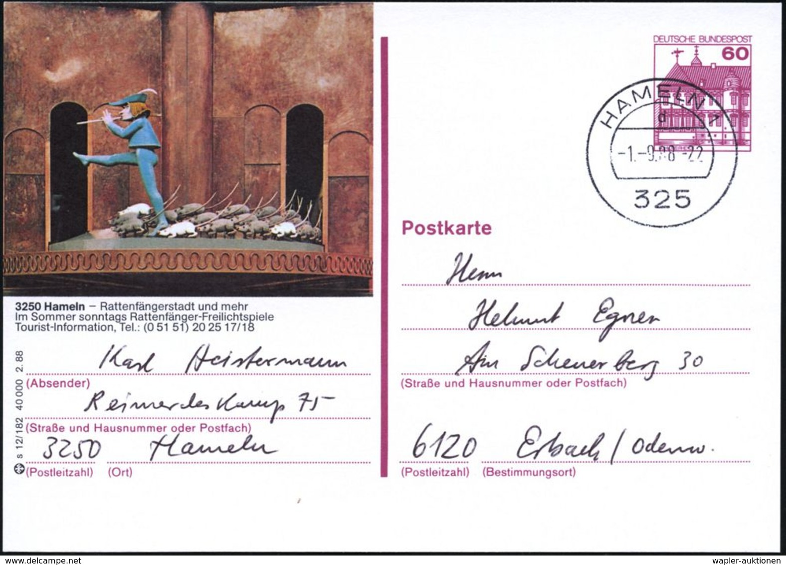 MÄRCHEN / SAGEN / FABELWESEN : 325 HAMELN 1/ D 1988 (1.9.) 1K Auf Ortsgl. BiP 60 Pf. Burgen: 3250 Hameln - Rattenfängers - Ecrivains