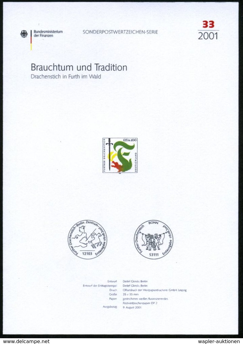 MÄRCHEN / SAGEN / FABELWESEN : B.R.D. 2001 (Aug.) 100 Pf./56 C. "Drachenstich Furth Im Wald" Mit Amtl. Handstempel  "M U - Schriftsteller