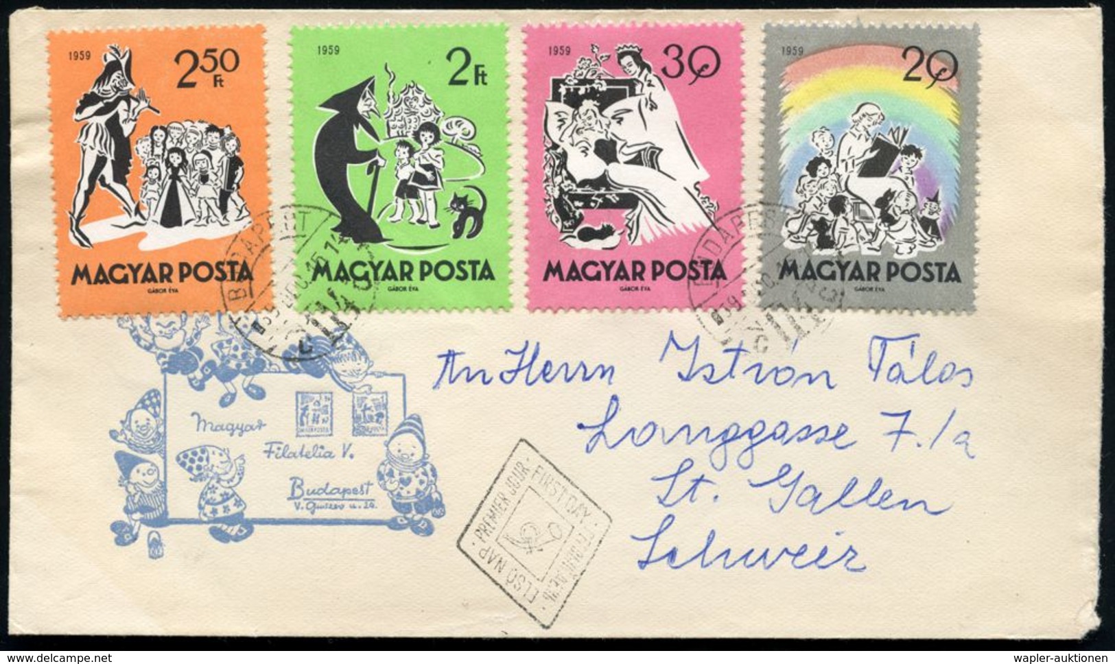 MÄRCHEN / SAGEN / FABELWESEN : UNGARN 1959 (15.12.) Märchen, Gez. Satz Kompl. , 1x RZ: SOPRON 1, 2 Ausl.-FDC-SU. (Mi.164 - Schriftsteller