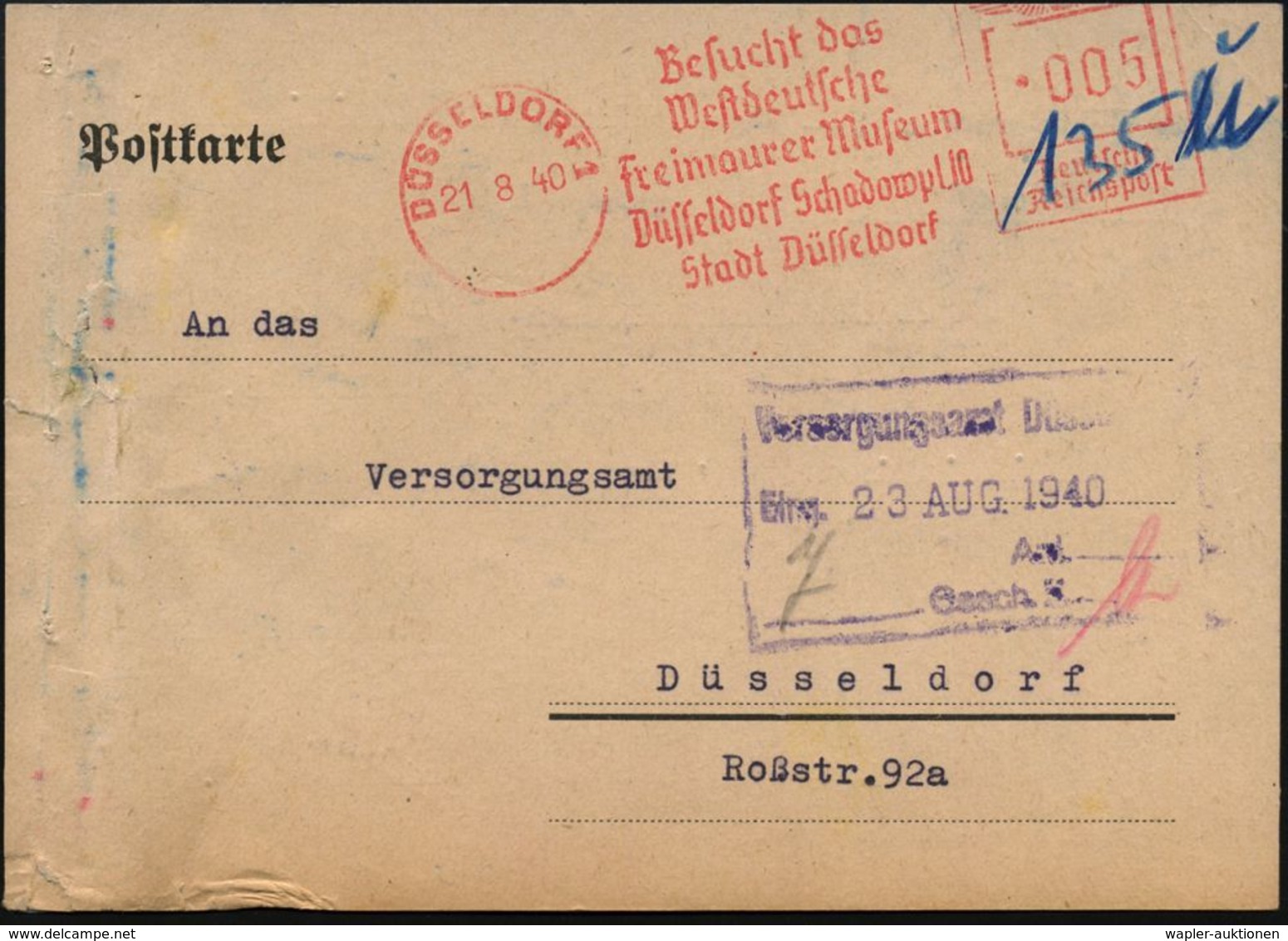 LOGE / FREIMAURER : DÜSSELDORF 7/ Besucht Das/ Westdeutsche/ Freimaurer Museum.. 1940 (21.8.) Sehr Seltener AFS (etw. Sc - Franc-Maçonnerie